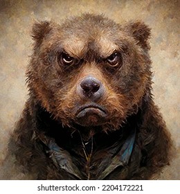 Diabolical Brown Bear From A Nightmare. Angry Brown Creature With Menacing Eyes. Brown Background