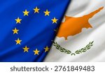 A diagonal composition blends the EU flag with Cyprus flag, highlighting membership, geography and cooperation within Europe through symbolic fabric textures.