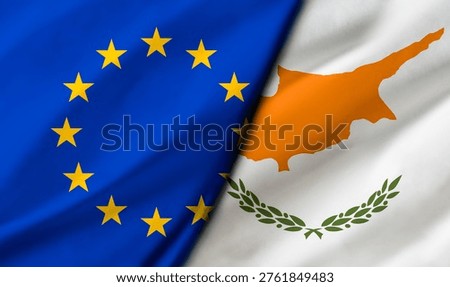 A diagonal composition blends the EU flag with Cyprus flag, highlighting membership, geography and cooperation within Europe through symbolic fabric textures.