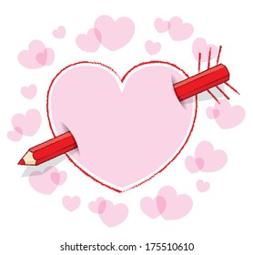 Diagonal Red Pencil Piercing Empty Drawn Love Heart like an Arrow with Drawn Feathers plus Pink infill and surrounding Pink Hearts - Raster 