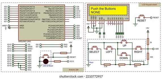 Diagram Of An Electronic Device On The Arduino Uno. Connecting External Devices (keyboard And Alphanumeric Display) To The Arduino Board. Electronic Circuit Board.