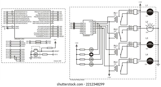 Diagram Of An Electronic Device On The Arduino Uno.
Connecting External Device To The Arduino Board.
Electronic Circuit Board. Electrical Circuit Of Four-channel Relay.