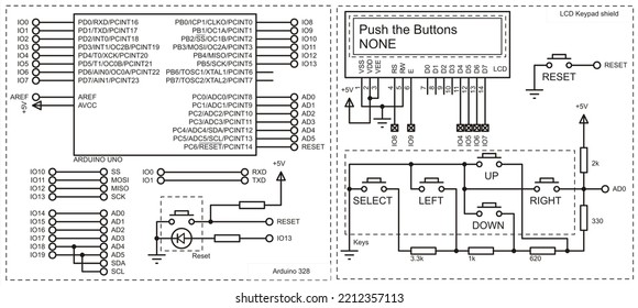 Diagram Of An Electronic Device On The Arduino Uno. Connecting External Devices (keyboard And Alphanumeric Display) To The Arduino Board. Electronic Circuit Board.