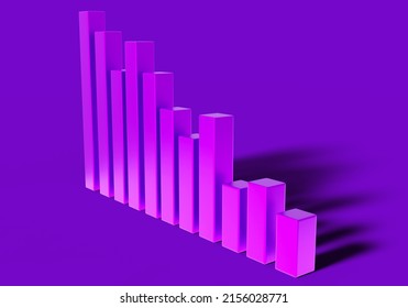 Diagram Fall. Downgrading Diagram With Neon Glow. Concept Of Deteriorating Business Performance. Volumetric Diagram Fall. Simple Bar Chart On Purple. Decline Background. 3d Rendering.