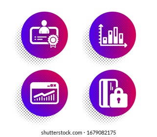 Diagram Graph, Certificate And Website Statistics Icons Simple Set. Halftone Dots Button. Blocked Card Sign. Presentation Chart, Best Employee, Data Analysis. Private Money. Technology Set.