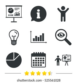 Diagram Graph Pie Chart Icon. Presentation Billboard Symbol. Supply And Demand. Man Standing With Pointer. Information, Light Bulb And Calendar Icons. Investigate Magnifier. 