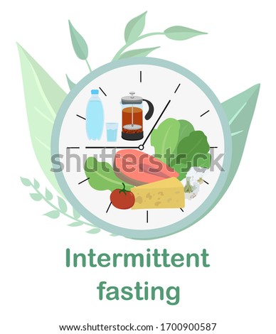 Dial with concept of Intermittent fasting, divided into sectors with healthy food and water and tea. Method of losing weight and accelerating metabolism. Scheme 8 16, food window. illustration.