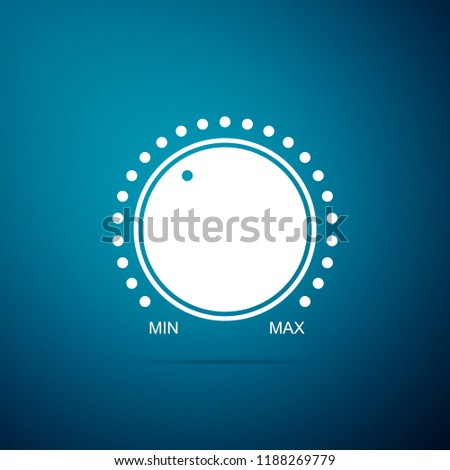 Dial knob level technology settings icon isolated on blue background. Volume button, sound control, music knob with number scale, analog regulator. Flat design