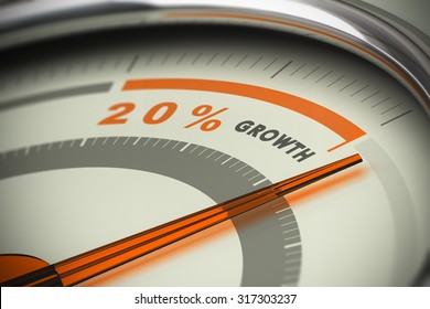 Dial With The Needle Surpassing The Target Of Twenty Percent Growth. Conceptual 3D Image For Illustration Of Motivation, KPI And Exceed Sales Objectives.