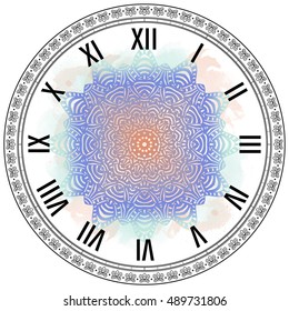 Dial Template With Watercolor Effect. Vintage Clock Face With Mandala Ornament.