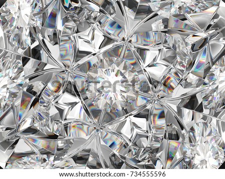 diamond closeup pattern and kaleidoscope effect. top view of round gemstone 3d render, 3d illustration