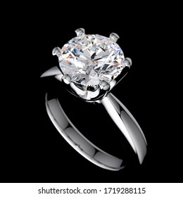 Diamond Engagement Ring Closeup View Isolated On Black Background. 3D Illustration