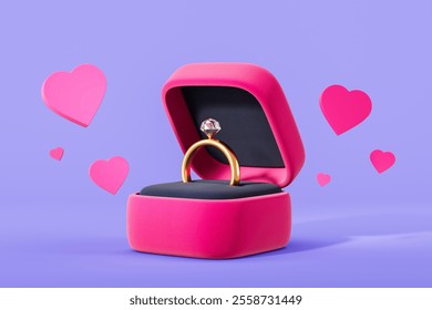 A diamond engagement ring in a pink box, surrounded by floating pink hearts, on a lavender background. 3D rendering. Romantic concept - Powered by Shutterstock