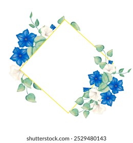 Diamond frame with golden border, with blue and white flowers, with foliage. Watercolor digital illustration for printing and web design - Powered by Shutterstock