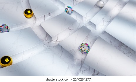Diamond and gold and glass balls roll through the white marble labyrinth. 3d Illustration