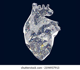 Diamond Human Heart Isolated On Black Background, 3d Render