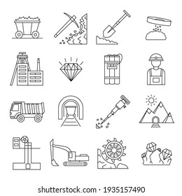 Diamond Mining Signs Black Thin Line Icon Set Include Of Mineral, Dump, Truck, Rock And Conveyor. Illustration Of Icons