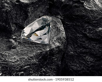 Diamond On Black Coal Background. 3D Render