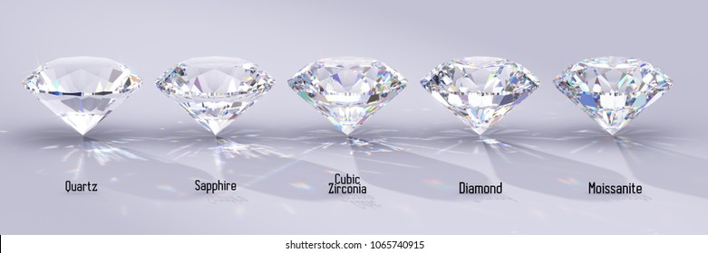 Diamond and its substitutes comparison. Quartz, sapphire, cubic zirconia, moissanite, close-up side view  with names on white background. 3D rendering illustration
