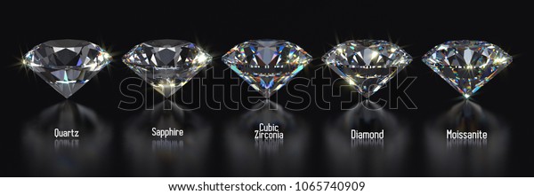Diamond and its substitutes comparison.\
Quartz, sapphire, cubic zirconia, moissanite, side view with names\
on black background. 3D rendering\
illustration
