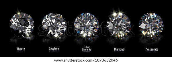 Diamond substitutes, names, on black\
background, quartz, white sapphire, cubic zirconia, moissanite. 3D\
rendering\
illustration