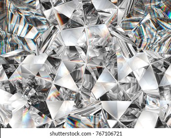 diamond texture closeup and kaleidoscope. top view of round gemstone 3d render, 3d illustration