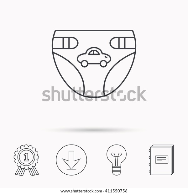 Diaper with car icon. Child underwear sign.
Newborn protection symbol. Download arrow, lamp, learn book and
award medal
icons.
