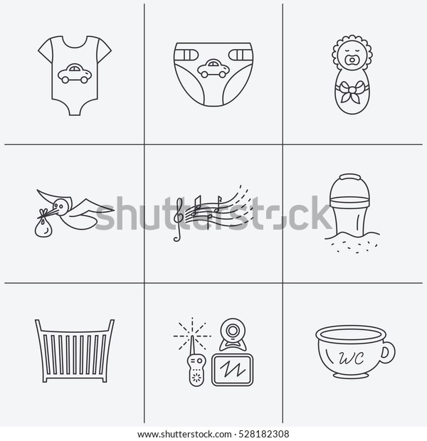 Diapers, newborn baby and clothes\
icons. Kids songs, beach bucket and bed linear signs. Video\
monitoring, wc flat line icons. Linear icons on white background.\
