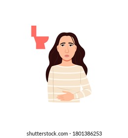 Diarrhea And Vomiting Concept. Constipation Nausea Icon. Sick Woman Needs Vomit Relief. Pregnancy Virus Flu Illness Food Poisoning Symptom. Young Girl Has Pain In Stomach. Medical Illustration.