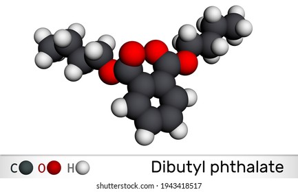 Dibutyl Phthalate, DBP Molecule. It Is Phthalate Ester, Diester. It Is Environmental Contaminant, Teratogenic Agent, Plasticiser. Molecular Model. 3D Rendering. 3D Illustration