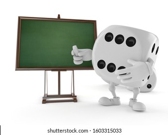 Dice Character With Blank Blackboard Isolated On White Background. 3d Illustration