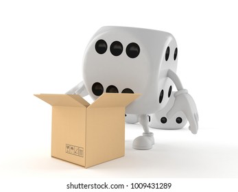 Dice character with open box isolated on white background. 3d illustration