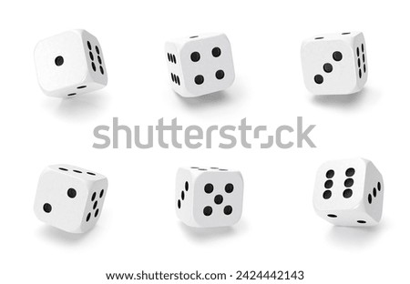 Dice isolated 3d objects of gambling games design, casino, craps and poker, tabletop or board games. Realistic White cubes with random numbers of white dots or pips and rounded edges