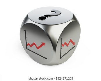 Dice with statistics graphs on the sides and a question mark. Risky investment in big business. 3d illustration high resolution.