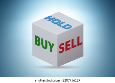 Dice With Three Options Of Buy Sell And Hold - 3d Rendering. 3D Illustration