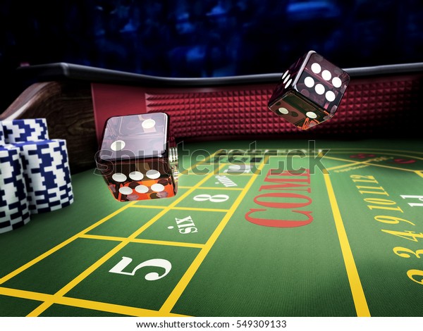 dices throw\
on craps table at casino - 3D\
rendering