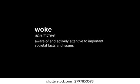 a dictionary-style entry for the word woke, categorized as an adjective. The white text is set against a solid black background, using a clean, modern font. The definition provided describes the term as being aware of and actively attentive to important societal facts and issues. The composition is stark and minimalist, emphasizing the text and its contemporary cultural significance. The is clean and educational or editorial use.