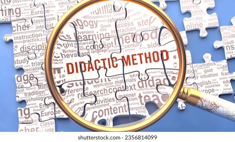 Didactic method being closely examined along with multiple concepts and ideas directly related to Didactic method. Many parts of a puzzle forming one, connected whole.,3d illustration