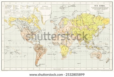 Die Erde. Eine allgemeine Erd- und Landerkunde, etc (1896) by Franz Heiderich. Vintage map art drawing illustration, old painting art print of historical map. Illustration of world atlas.