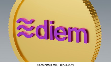 Diem Coin. Close Up. Crypto Currency Symbol And Name On A White Background. 3D Render Illustration.