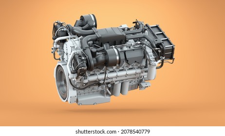 Diesel Engine. Heavy Duty Turbo Diesel Engine. Orange Background. 3d Render 