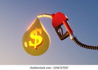 Diesel Fuel Pump Gun With A Big Drop Of Golden Oil Containing A Shiny Dollar Sign. 3D Illustration Of The Concept Of Increasing Gas Price