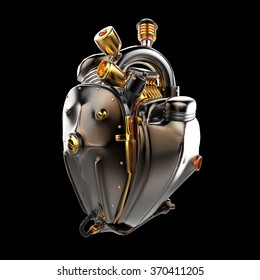 Diesel Punk Robot Techno Heart. Engine With Pipes, Radiators And Glossy Dark Bronze Metal Hood Parts. Bike Show Rock Hardcore Poster Template Isolated