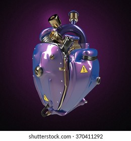 Diesel Punk Robot Techno Heart. Engine With Pipes, Radiators And Glossy Purple Metallic Car Paint Metal Hood Parts. Bike Show Rock Hardcore Poster Template Isolated