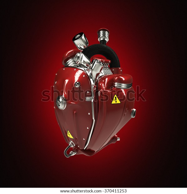 Diesel punk robot techno heart. engine\
with pipes, radiators and glossy red car paint metal hood parts.\
bike show rock hardcore poster template\
isolated