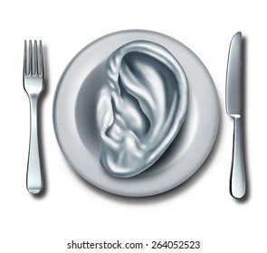 Diet Advice And Nutrition Information Food Concept As A White Dish Shaped With An Ear As A Symbol Of Listening To Dietary Recommendations And Following Meal Guidelines Or Restaurant Reviews.