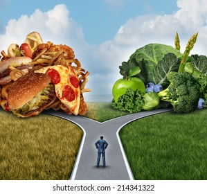 Diet decision concept and nutrition choices dilemma between healthy good fresh fruit and vegetables or greasy cholesterol rich fast food with a man on a crossroad trying to decide what to eat.