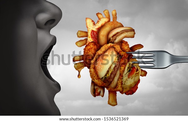 Diet and heart disease dangerous coronary\
fitness and unhealthy food concept with human cardiovascular\
anatomy organ made from fried fast food as a metaphor with 3D\
illustration\
elements.