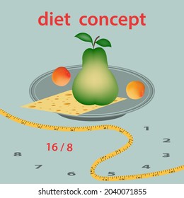 Diet Intermittent Fasting - 16 And 8 Hours, Pear, Apricot, Cheese Slice, Measuring Tape  