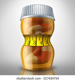 Diet pills and appetite suppressing medication as a prescription drug bottle squeezed by a tight fitness tape measure as a slimming metaphor for losing weight medicine.